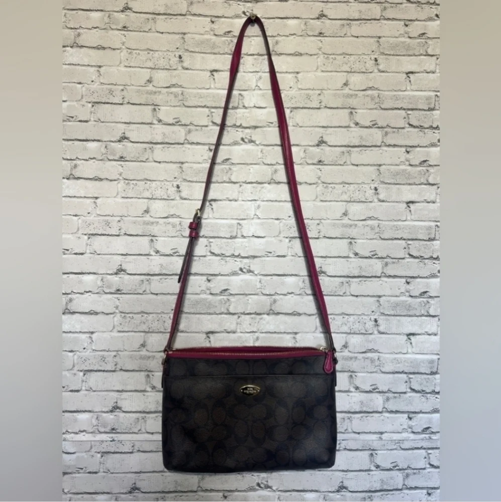 Coach Signature Crossbody Handbag Brown and Raspberry * - Picture 4 of 16